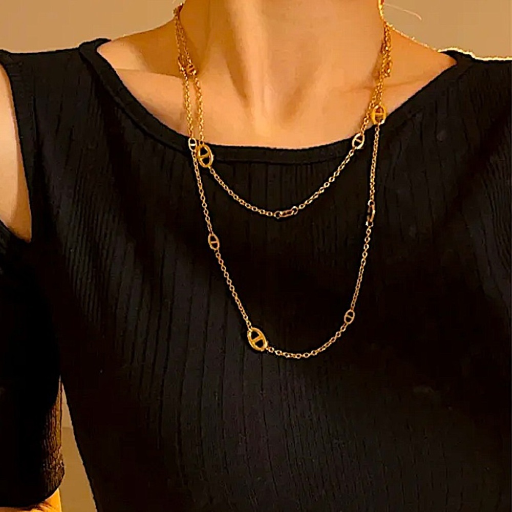 Multilayer Gold Plated Pig nose Necklace Bracelet Set Stainless Steel - Picture 9 of 15
